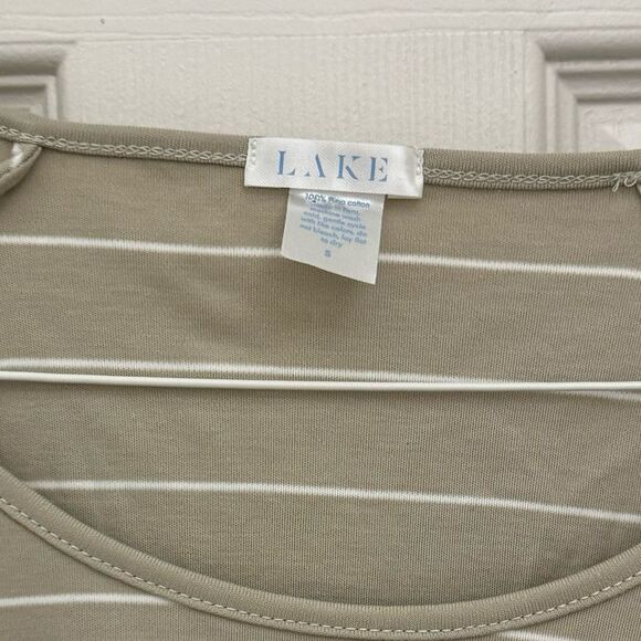 LAKE 100% Pima Cotton Pajama Shirt Size Small Tan Striped Scoop Neck Long Sleeve - Picture 2 of 4